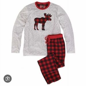 EDDIE BAUER moose plaid sleepwear set matching shirt flannel pants red gray XL